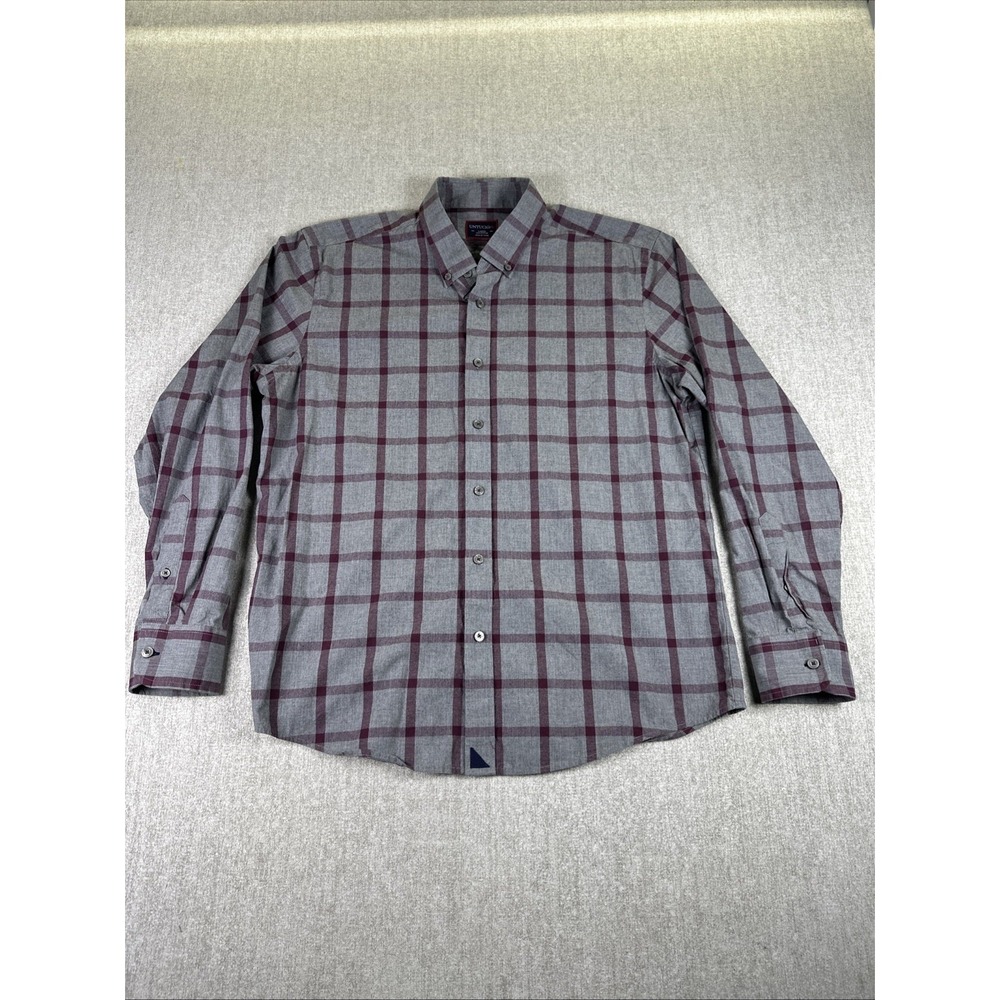 UNTUCKit Button Up Shirt Mens Large Gray Maroon Check Long Sleeve Regular Fit